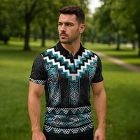 Paua Shell Taniko Pattern Aotearoa Zipper Polo Shirt Niho Taniwha Mix Poutama - Polynesian Pride