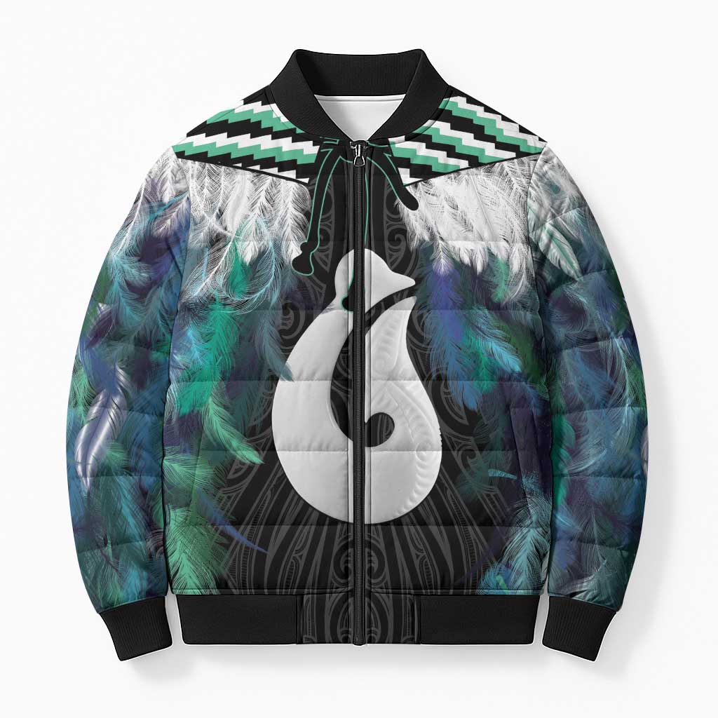 Aotearoa Korowai Motif Bomber Puffer Jacket Hei Matau Poutama Maori Pattern LT14 Unisex Turquoise - Polynesian Pride