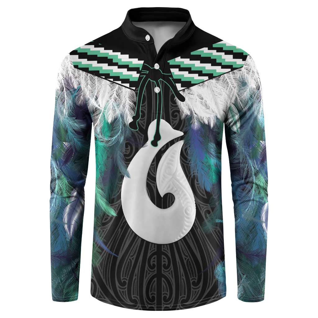 Aotearoa Korowai Motif Button Sweatshirt Hei Matau Poutama Maori Pattern LT14 Turquoise - Polynesian Pride