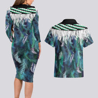 Aotearoa Korowai Motif Couples Matching Long Sleeve Bodycon Dress and Hawaiian Shirt Hei Matau Poutama Maori Pattern