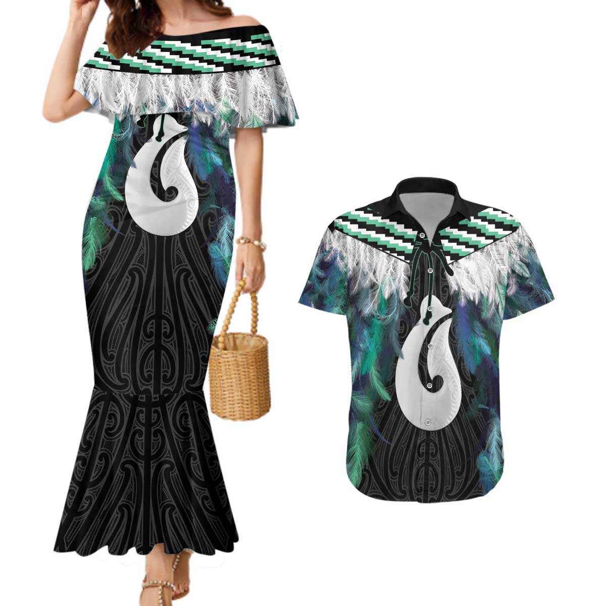 Aotearoa Korowai Motif Couples Matching Mermaid Dress and Hawaiian Shirt Hei Matau Poutama Maori Pattern