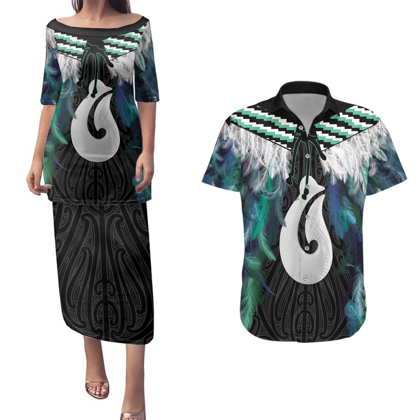 Aotearoa Korowai Motif Couples Matching Puletasi and Hawaiian Shirt Hei Matau Poutama Maori Pattern