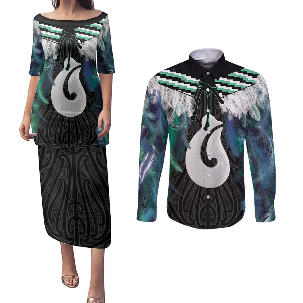 Aotearoa Korowai Motif Couples Matching Puletasi and Long Sleeve Button Shirt Hei Matau Poutama Maori Pattern LT14 Turquoise - Polynesian Pride