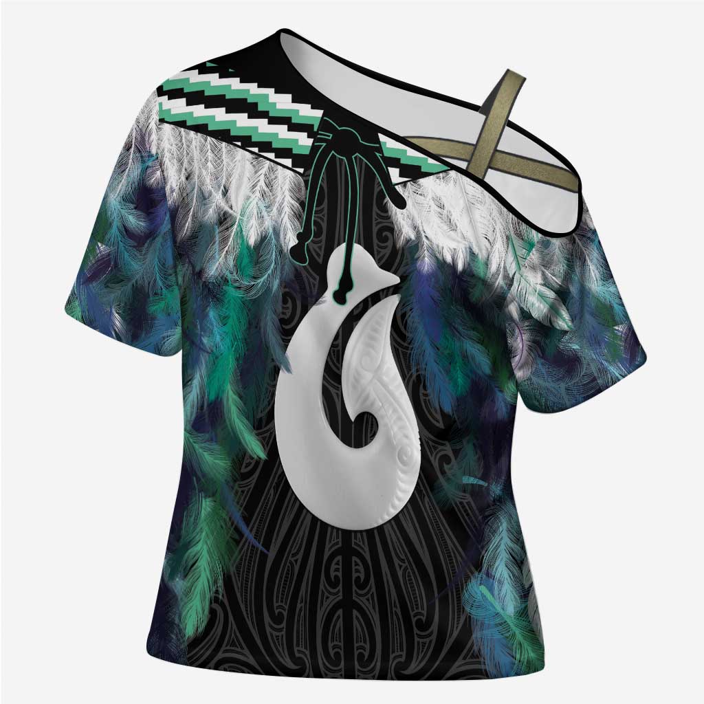 Aotearoa Korowai Motif Cross Shoulder Shirt Hei Matau Poutama Maori Pattern LT14 Female Turquoise - Polynesian Pride