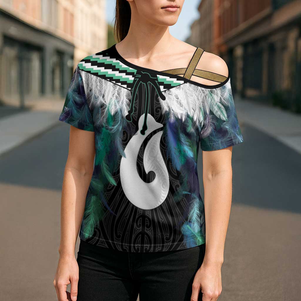 Aotearoa Korowai Motif Cross Shoulder Shirt Hei Matau Poutama Maori Pattern LT14 - Polynesian Pride