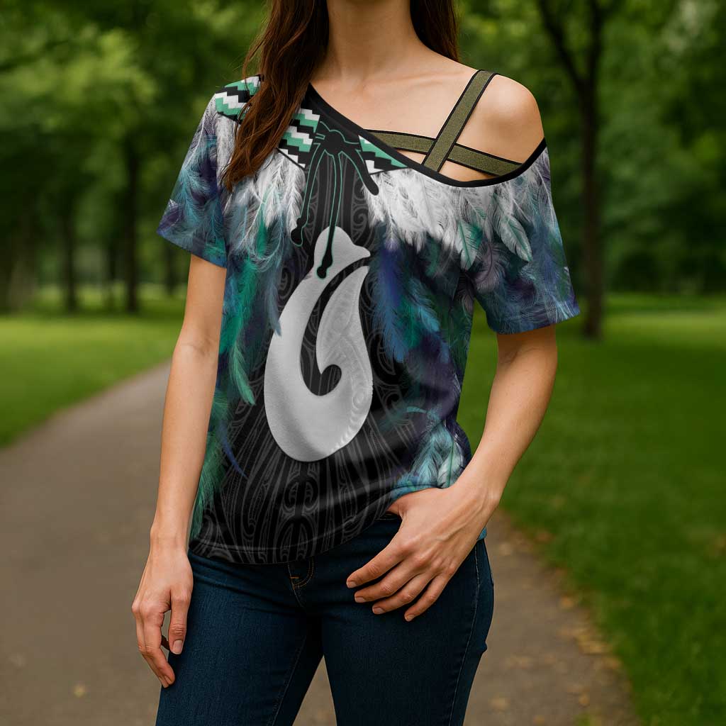 Aotearoa Korowai Motif Cross Shoulder Shirt Hei Matau Poutama Maori Pattern LT14 - Polynesian Pride