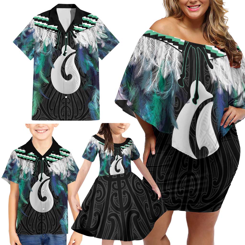 Aotearoa Korowai Motif Family Matching Off Shoulder Short Dress and Hawaiian Shirt Hei Matau Poutama Maori Pattern