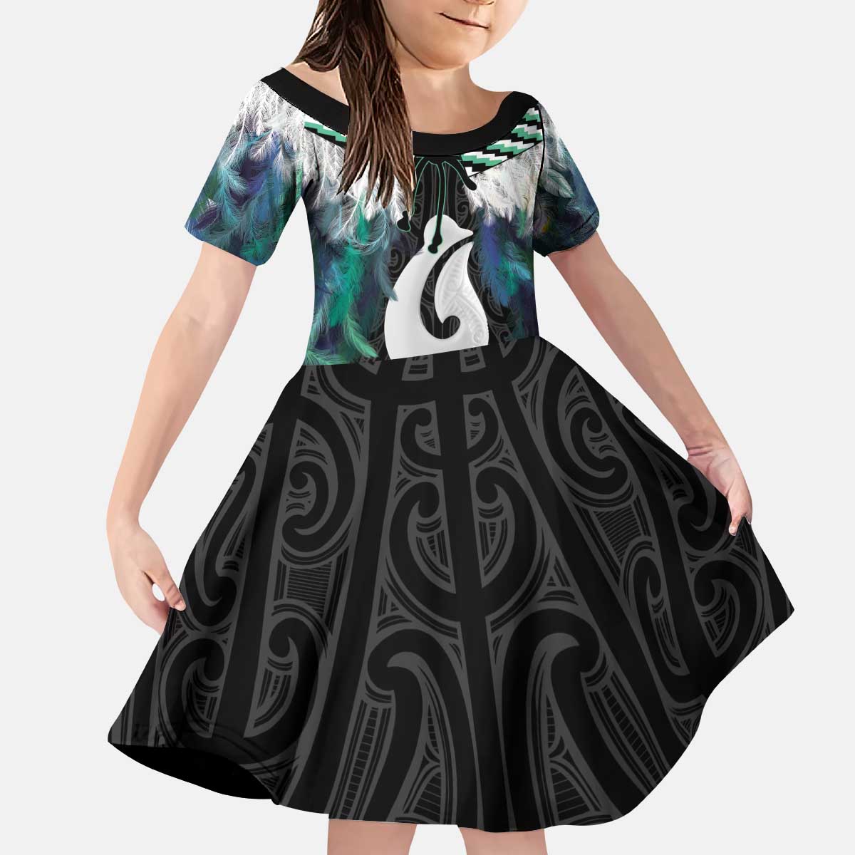 Aotearoa Korowai Motif Kid Short Sleeve Dress Hei Matau Poutama Maori Pattern