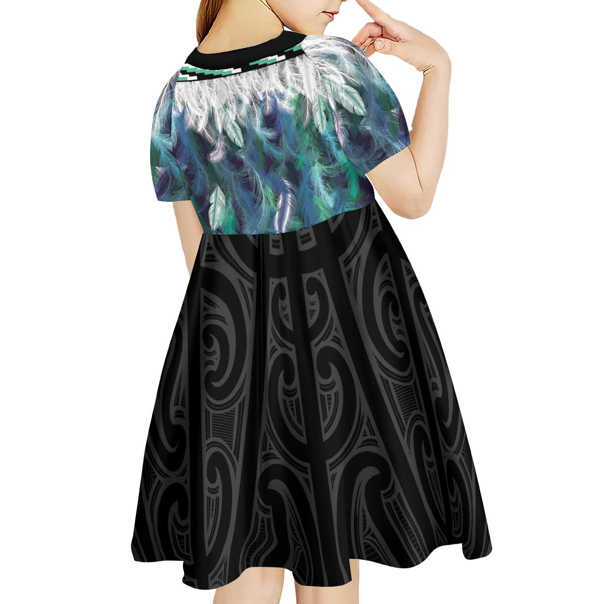 Aotearoa Korowai Motif Kid Short Sleeve Dress Hei Matau Poutama Maori Pattern LT14 - Polynesian Pride
