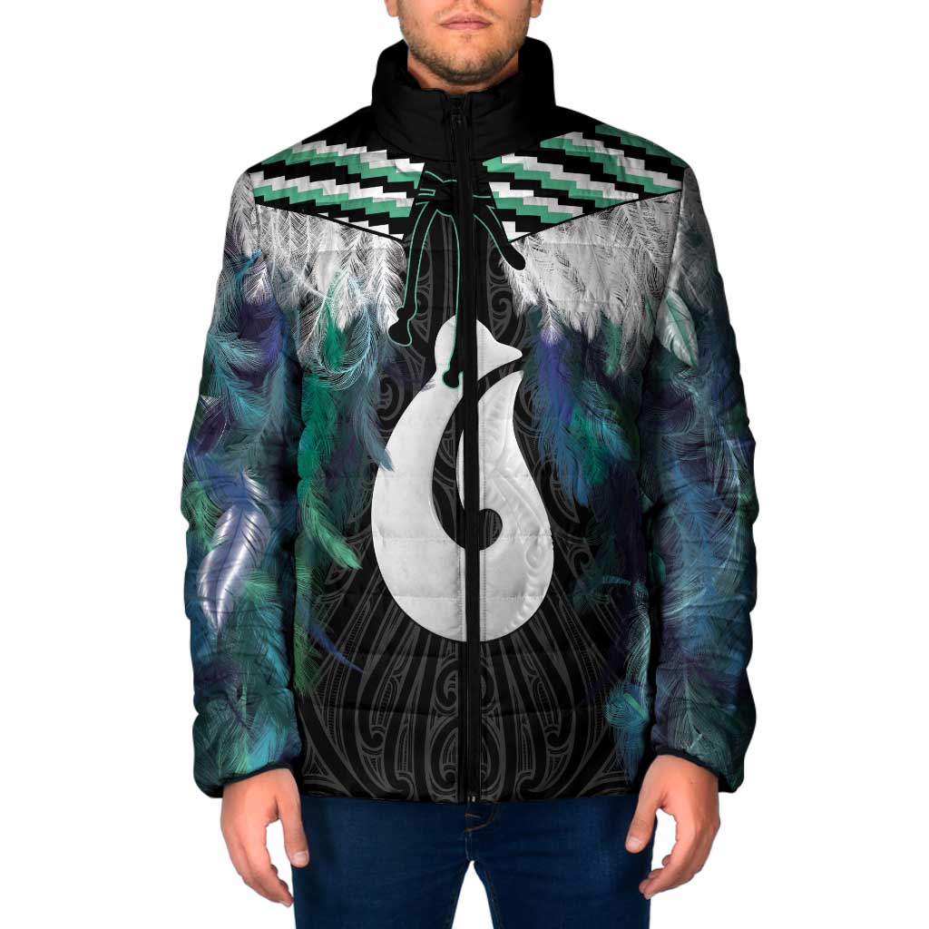 Aotearoa Korowai Motif Padded Jacket Hei Matau Poutama Maori Pattern LT14 Men Turquoise - Polynesian Pride