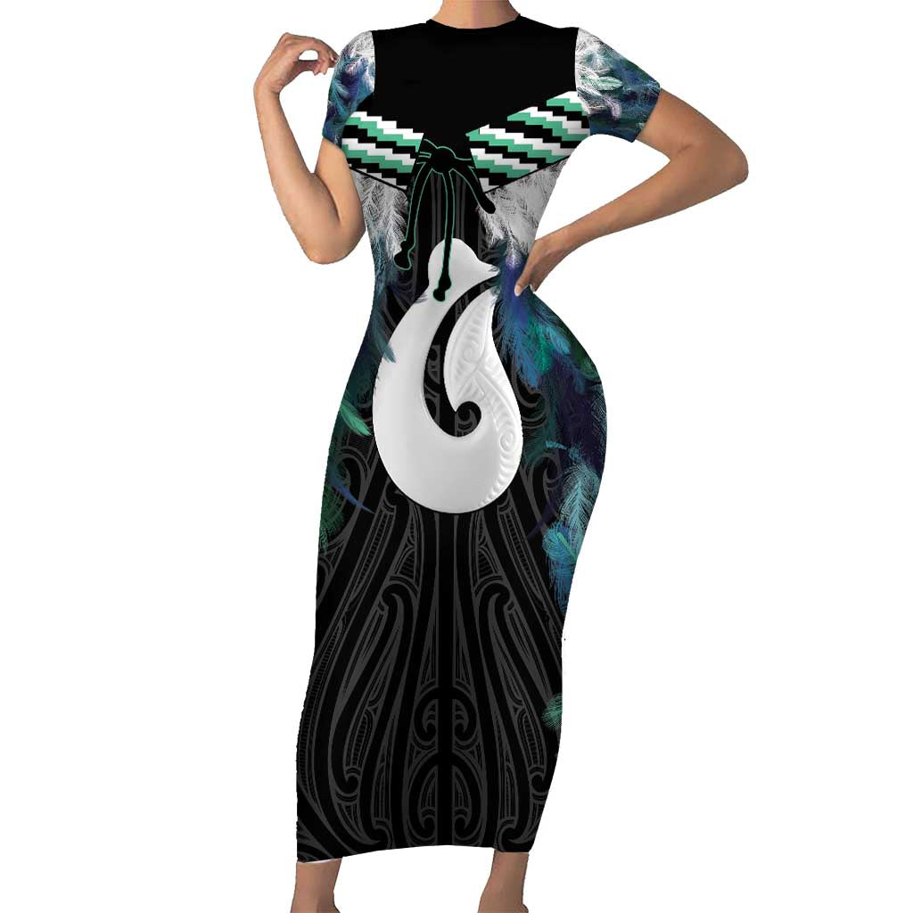 Aotearoa Korowai Motif Short Sleeve Bodycon Dress Hei Matau Poutama Maori Pattern