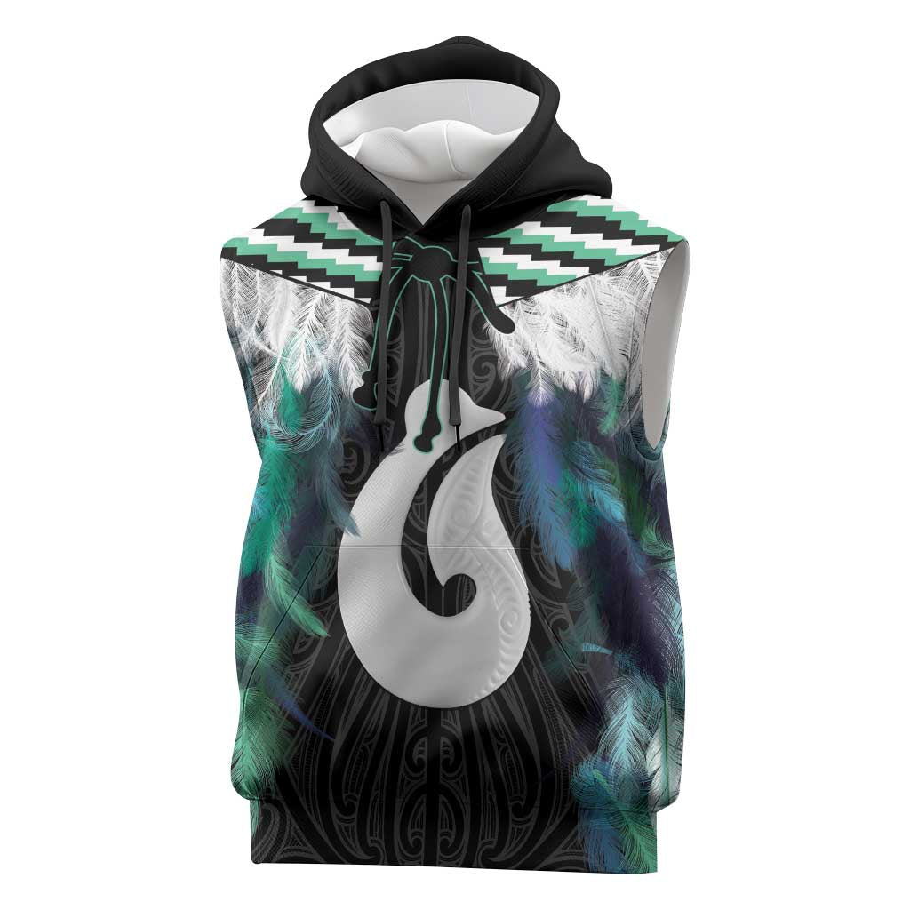 Aotearoa Korowai Motif Sleeveless Hoodie Hei Matau Poutama Maori Pattern LT14 Turquoise - Polynesian Pride