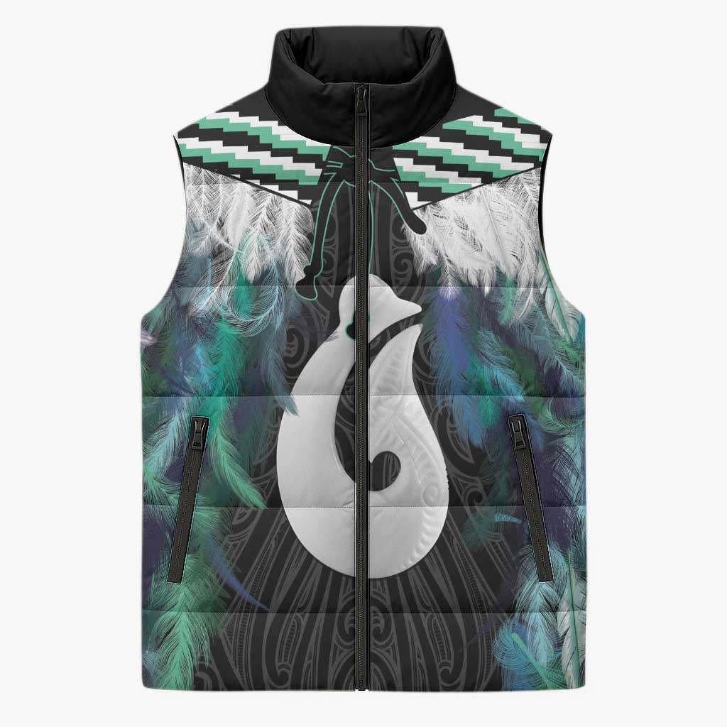 Aotearoa Korowai Motif Sleeveless Puffer Jacket Hei Matau Poutama Maori Pattern LT14 Unisex Turquoise - Polynesian Pride