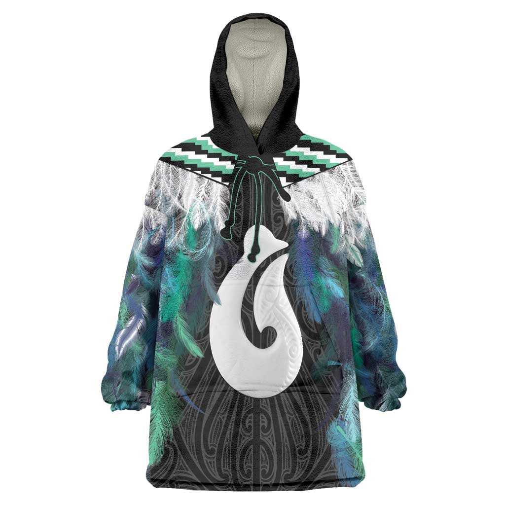 Aotearoa Korowai Motif Wearable Blanket Hoodie Hei Matau Poutama Maori Pattern LT14 One Size Turquoise - Polynesian Pride