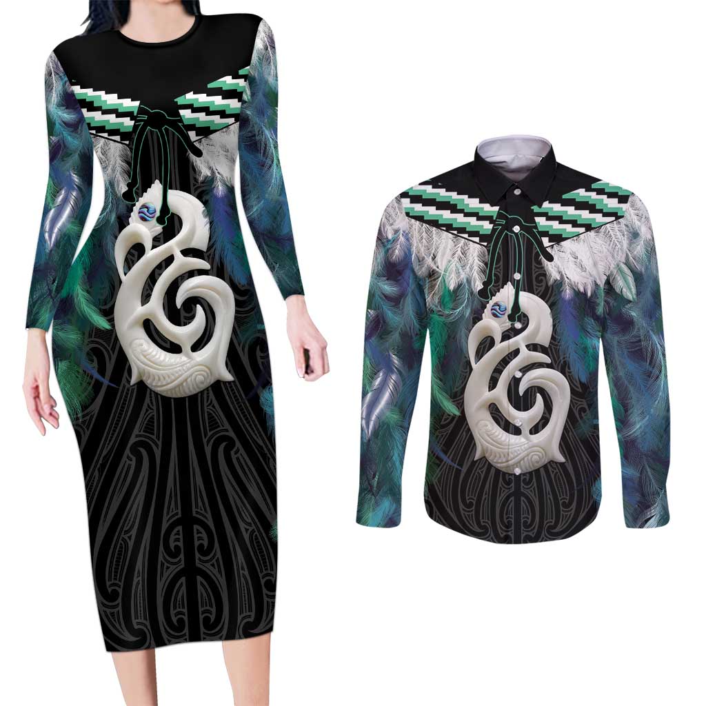 Aotearoa Korowai Motif Couples Matching Long Sleeve Bodycon Dress and Long Sleeve Button Shirt Hei Manaia Poutama Maori Pattern