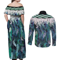 Aotearoa Korowai Motif Couples Matching Off Shoulder Maxi Dress and Long Sleeve Button Shirt Hei Manaia Poutama Maori Pattern