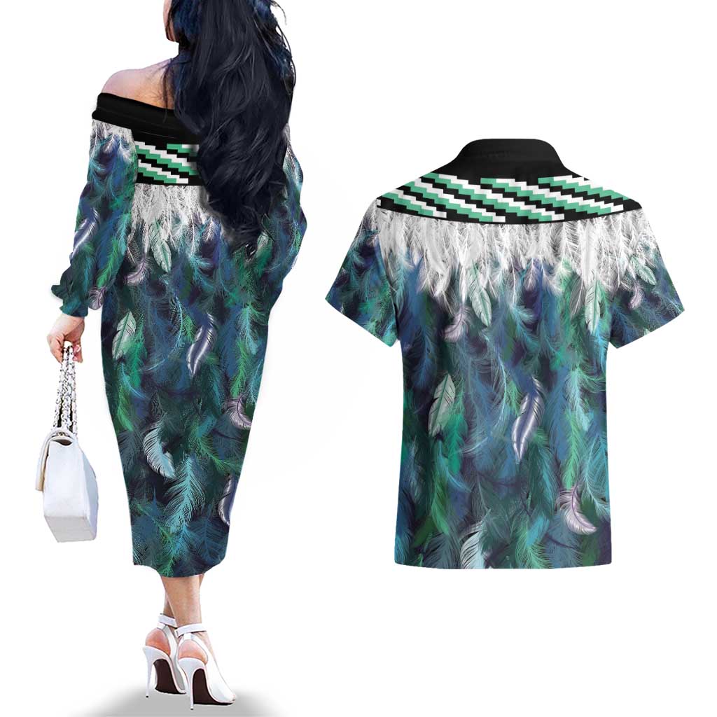 Aotearoa Korowai Motif Couples Matching Off The Shoulder Long Sleeve Dress and Hawaiian Shirt Hei Manaia Poutama Maori Pattern