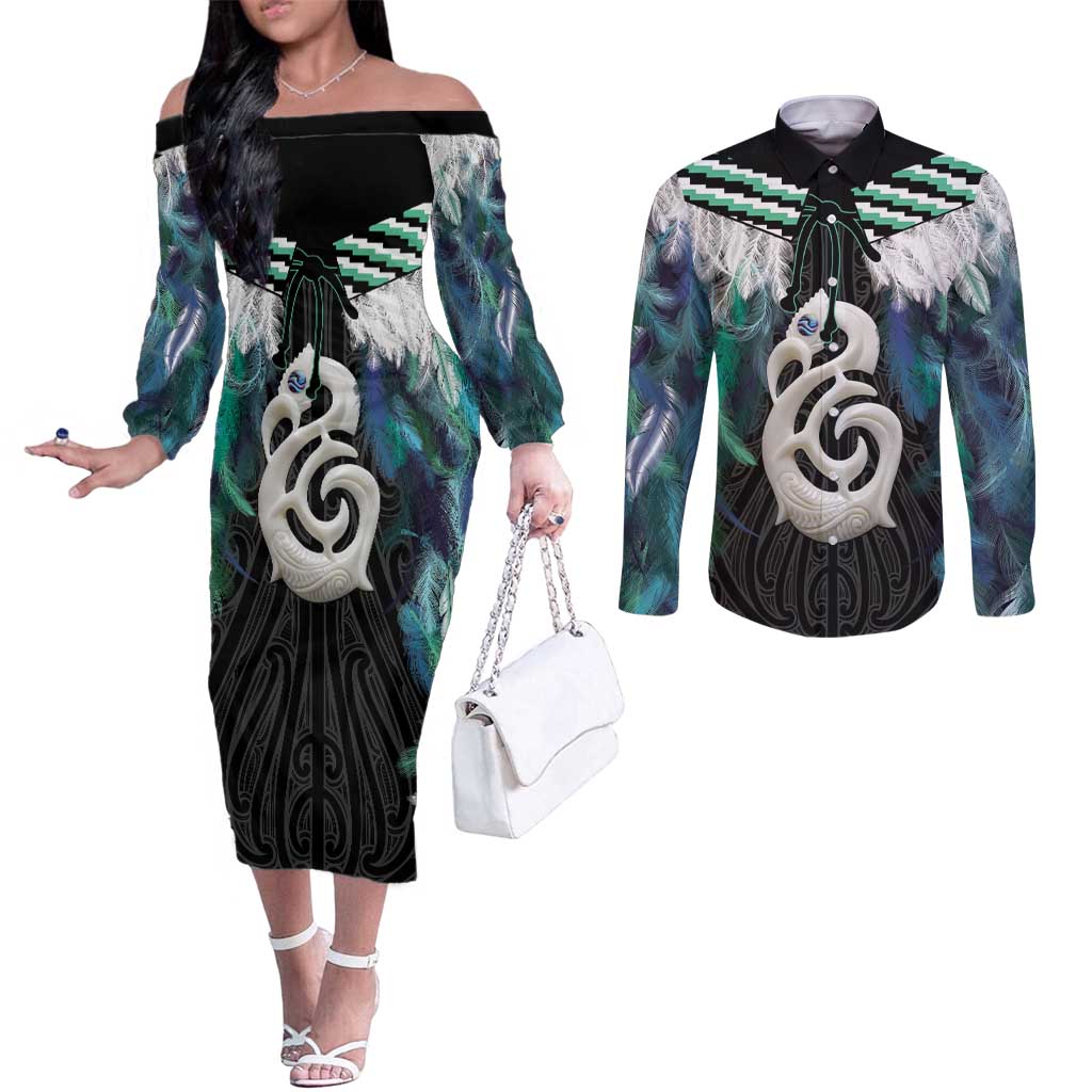 Aotearoa Korowai Motif Couples Matching Off The Shoulder Long Sleeve Dress and Long Sleeve Button Shirt Hei Manaia Poutama Maori Pattern