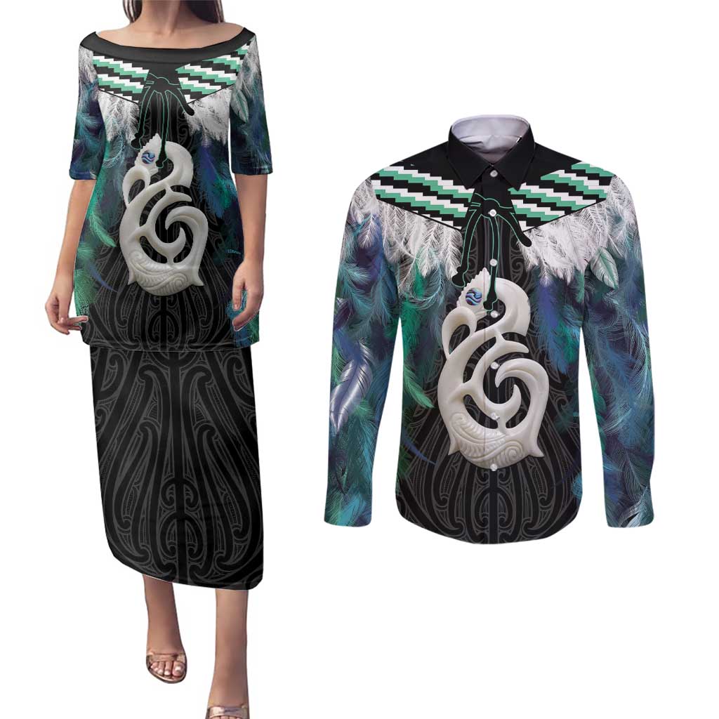 Aotearoa Korowai Motif Couples Matching Puletasi and Long Sleeve Button Shirt Hei Manaia Poutama Maori Pattern