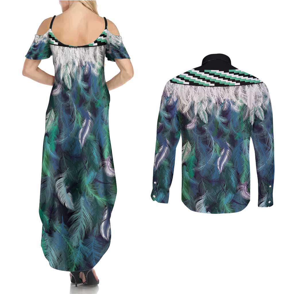 Aotearoa Korowai Motif Couples Matching Summer Maxi Dress and Long Sleeve Button Shirt Hei Manaia Poutama Maori Pattern LT14 - Polynesian Pride