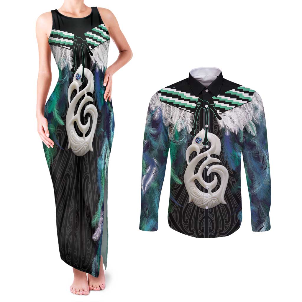 Aotearoa Korowai Motif Couples Matching Tank Maxi Dress and Long Sleeve Button Shirt Hei Manaia Poutama Maori Pattern