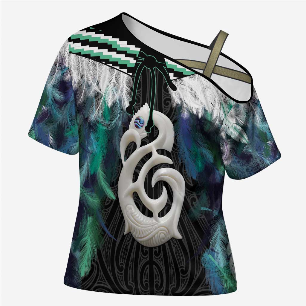 Aotearoa Korowai Motif Cross Shoulder Shirt Hei Manaia Poutama Maori Pattern LT14 Female Turquoise - Polynesian Pride