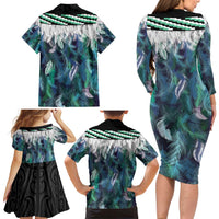 Aotearoa Korowai Motif Family Matching Long Sleeve Bodycon Dress and Hawaiian Shirt Hei Manaia Poutama Maori Pattern