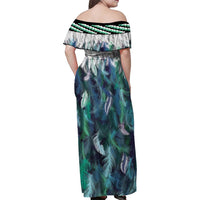 Aotearoa Korowai Motif Family Matching Off Shoulder Maxi Dress and Hawaiian Shirt Hei Manaia Poutama Maori Pattern