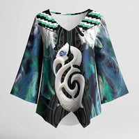 Aotearoa Korowai Motif Kimono Sleeve Blouse Hei Manaia Poutama Maori Pattern LT14 Female Turquoise - Polynesian Pride