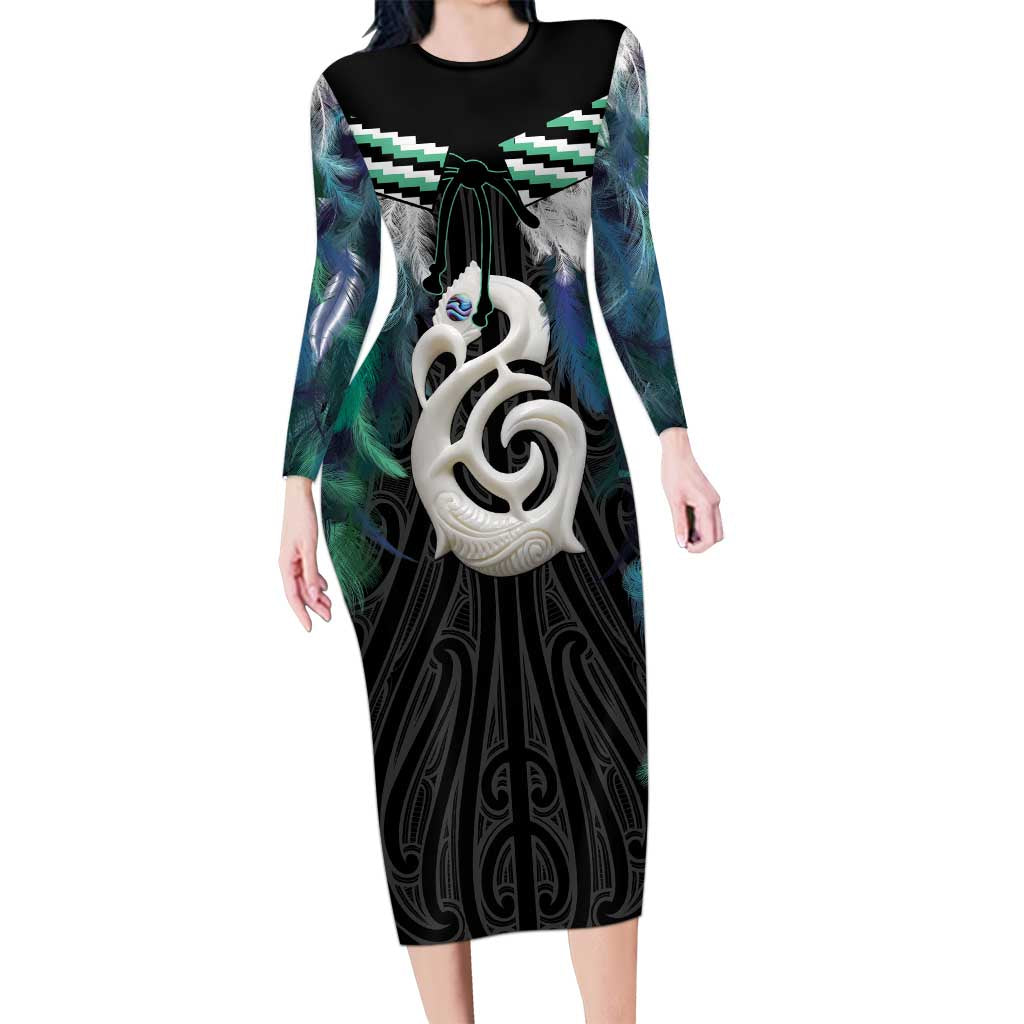 Aotearoa Korowai Motif Long Sleeve Bodycon Dress Hei Manaia Poutama Maori Pattern