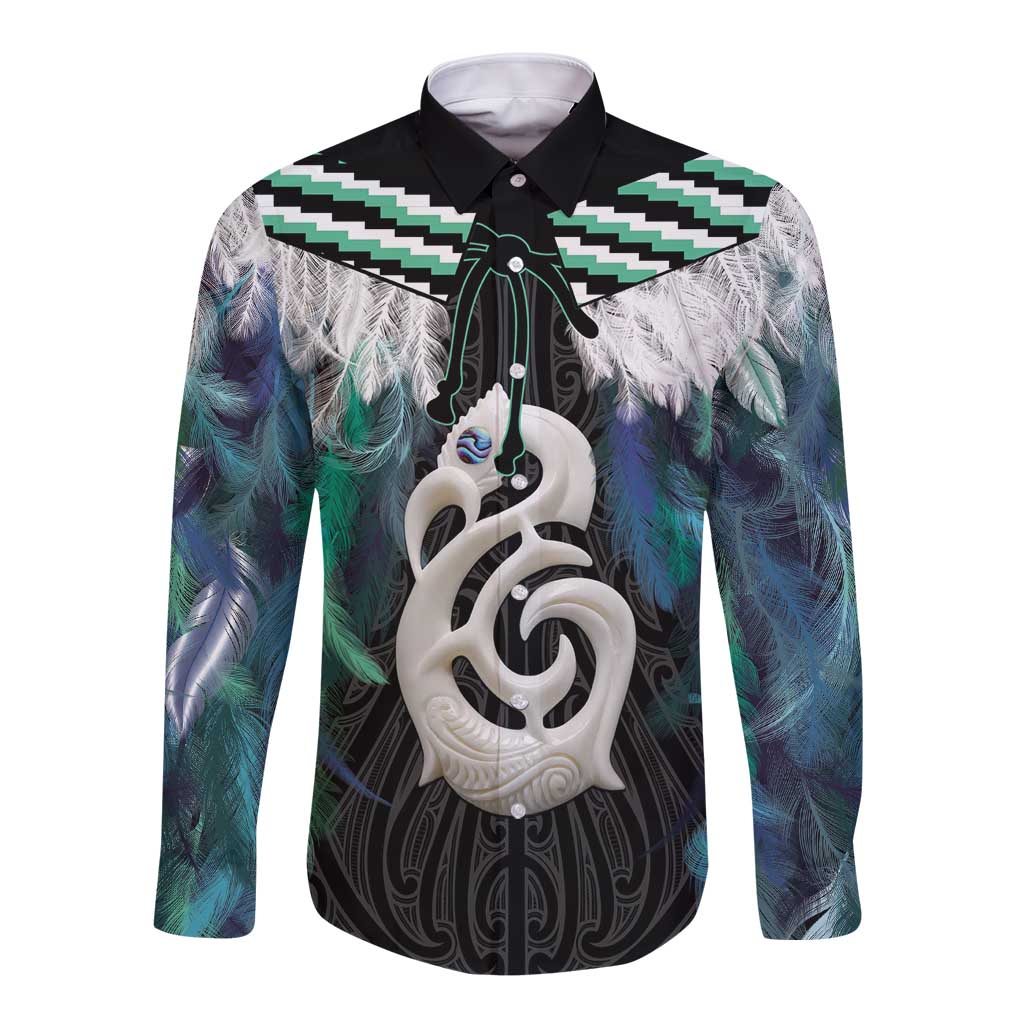 Aotearoa Korowai Motif Long Sleeve Button Shirt Hei Manaia Poutama Maori Pattern LT14 Unisex Turquoise - Polynesian Pride