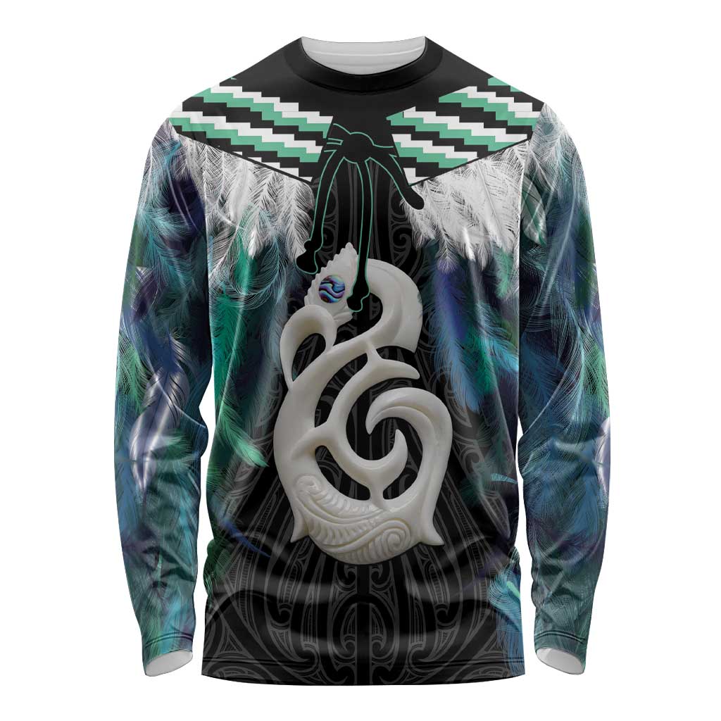 Aotearoa Korowai Motif Long Sleeve Shirt Hei Manaia Poutama Maori Pattern LT14 Unisex Turquoise - Polynesian Pride