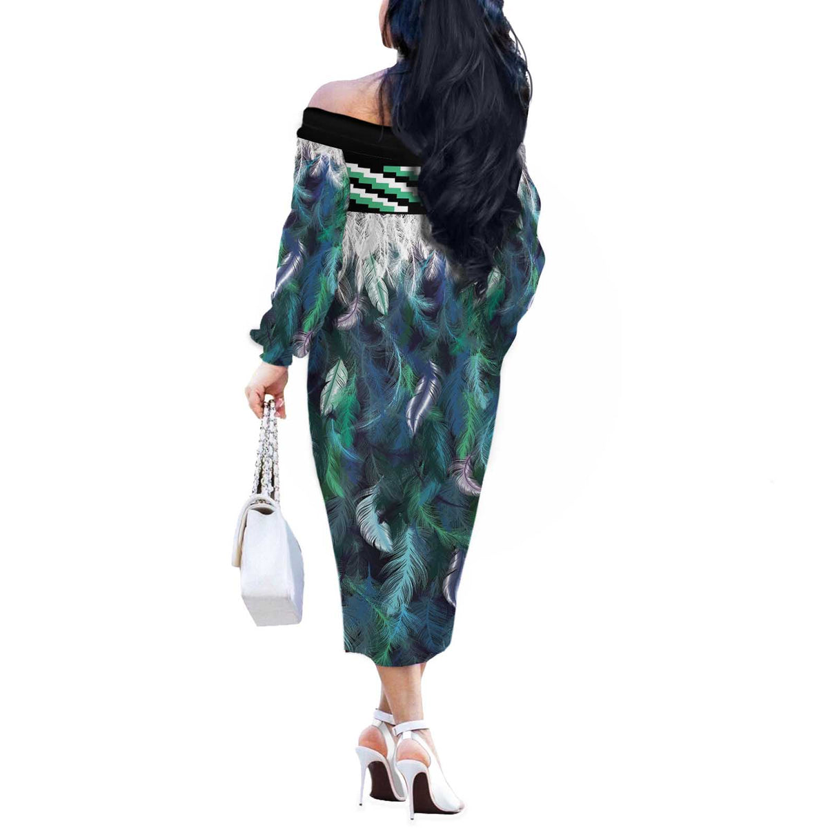 Aotearoa Korowai Motif Off The Shoulder Long Sleeve Dress Hei Manaia Poutama Maori Pattern