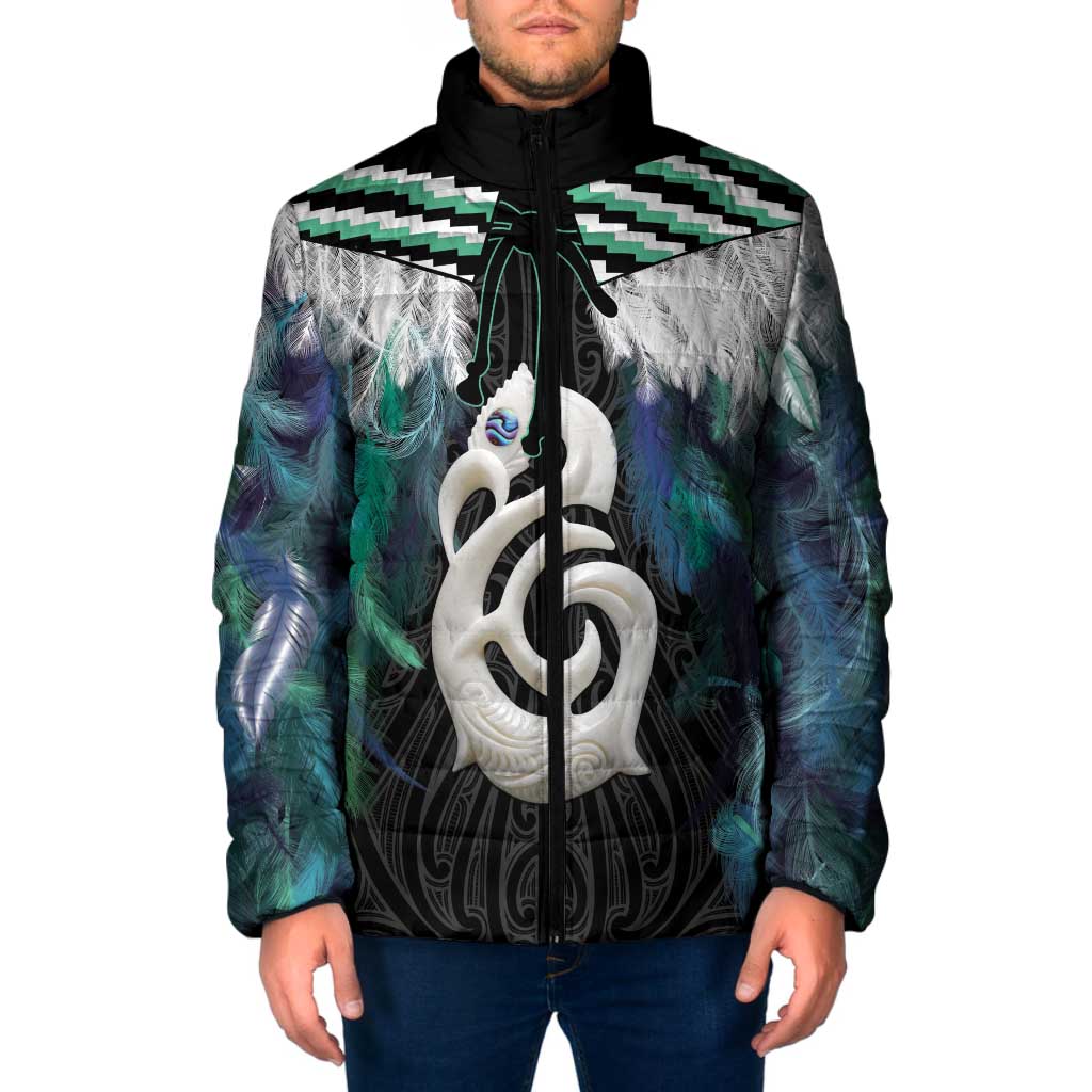 Aotearoa Korowai Motif Padded Jacket Hei Manaia Poutama Maori Pattern LT14 Men Turquoise - Polynesian Pride
