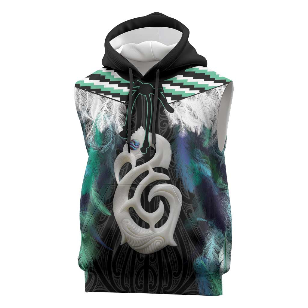 Aotearoa Korowai Motif Sleeveless Hoodie Hei Manaia Poutama Maori Pattern LT14 Turquoise - Polynesian Pride