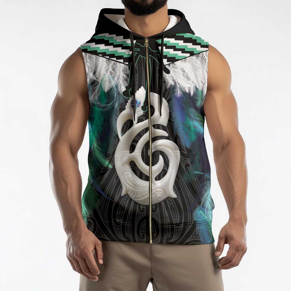 Aotearoa Korowai Motif Sleeveless Zip Hoodie Hei Manaia Poutama Maori Pattern - Polynesian Pride