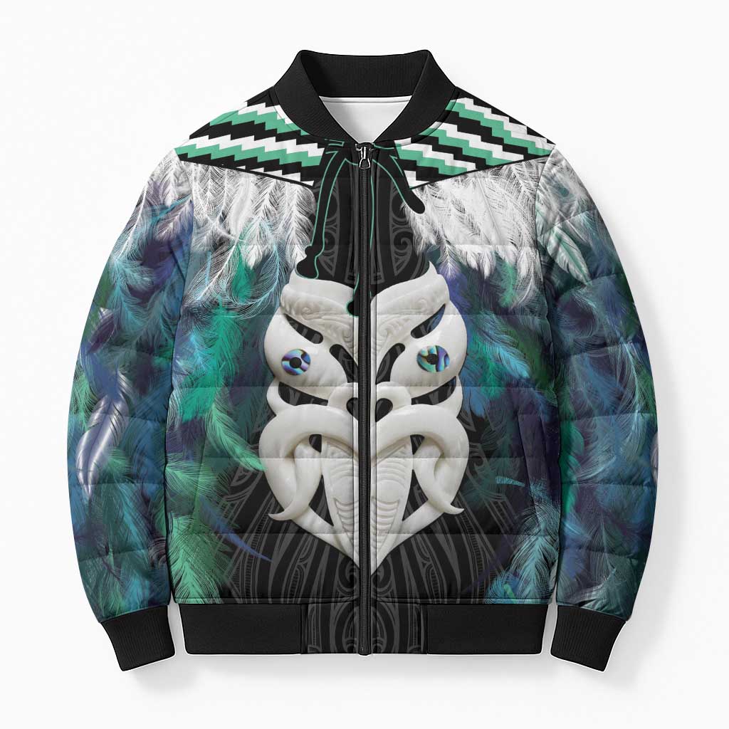 Aotearoa Korowai Motif Bomber Puffer Jacket Maori Wheku Poutama LT14 Unisex Turquoise - Polynesian Pride