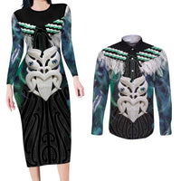 Aotearoa Korowai Motif Couples Matching Long Sleeve Bodycon Dress and Long Sleeve Button Shirt Maori Wheku Poutama
