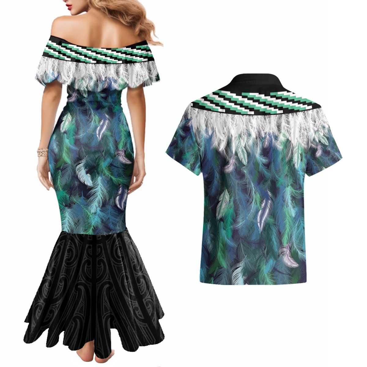 Aotearoa Korowai Motif Couples Matching Mermaid Dress and Hawaiian Shirt Maori Wheku Poutama