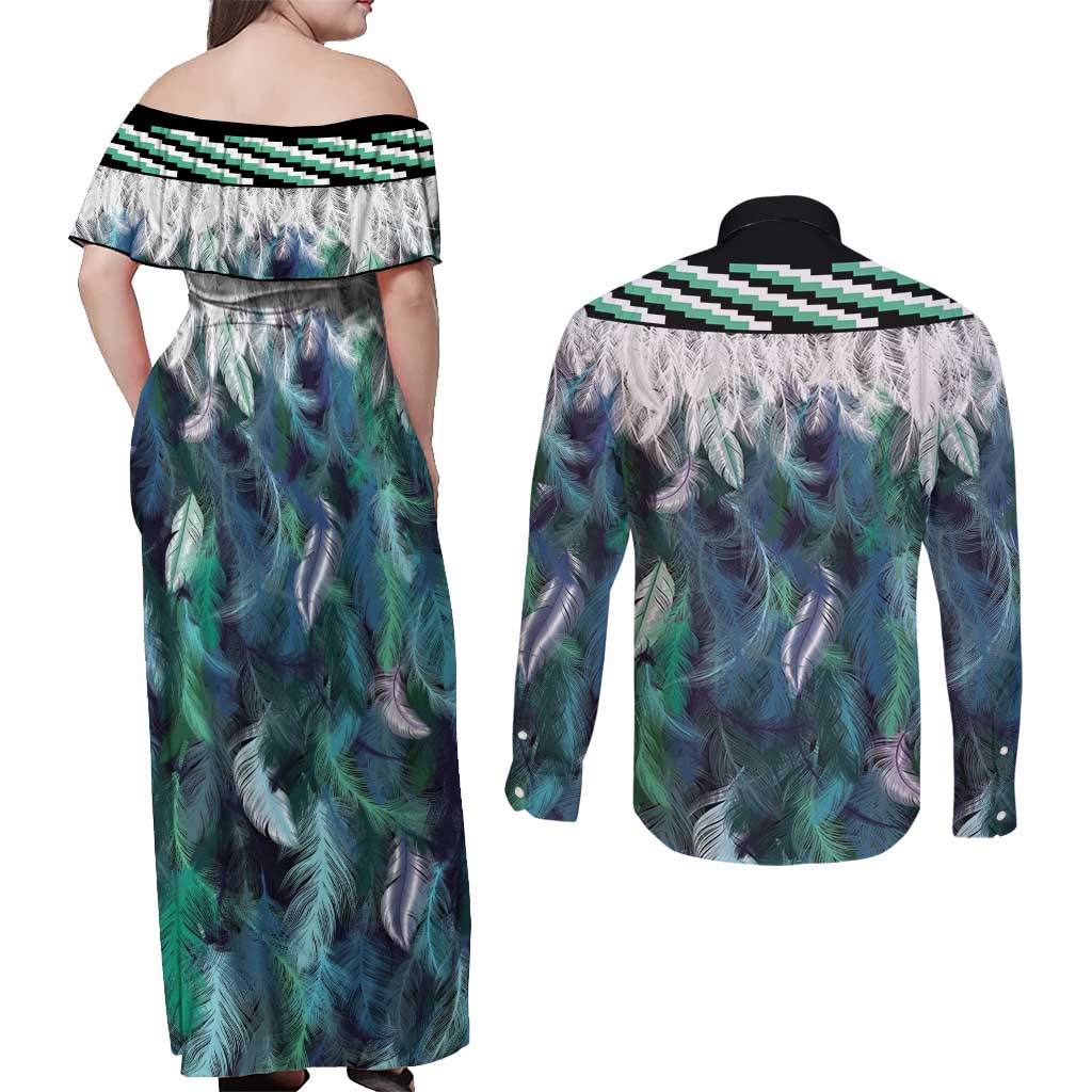 Aotearoa Korowai Motif Couples Matching Off Shoulder Maxi Dress and Long Sleeve Button Shirt Maori Wheku Poutama LT14 - Polynesian Pride