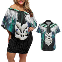 Aotearoa Korowai Motif Couples Matching Off Shoulder Short Dress and Hawaiian Shirt Maori Wheku Poutama