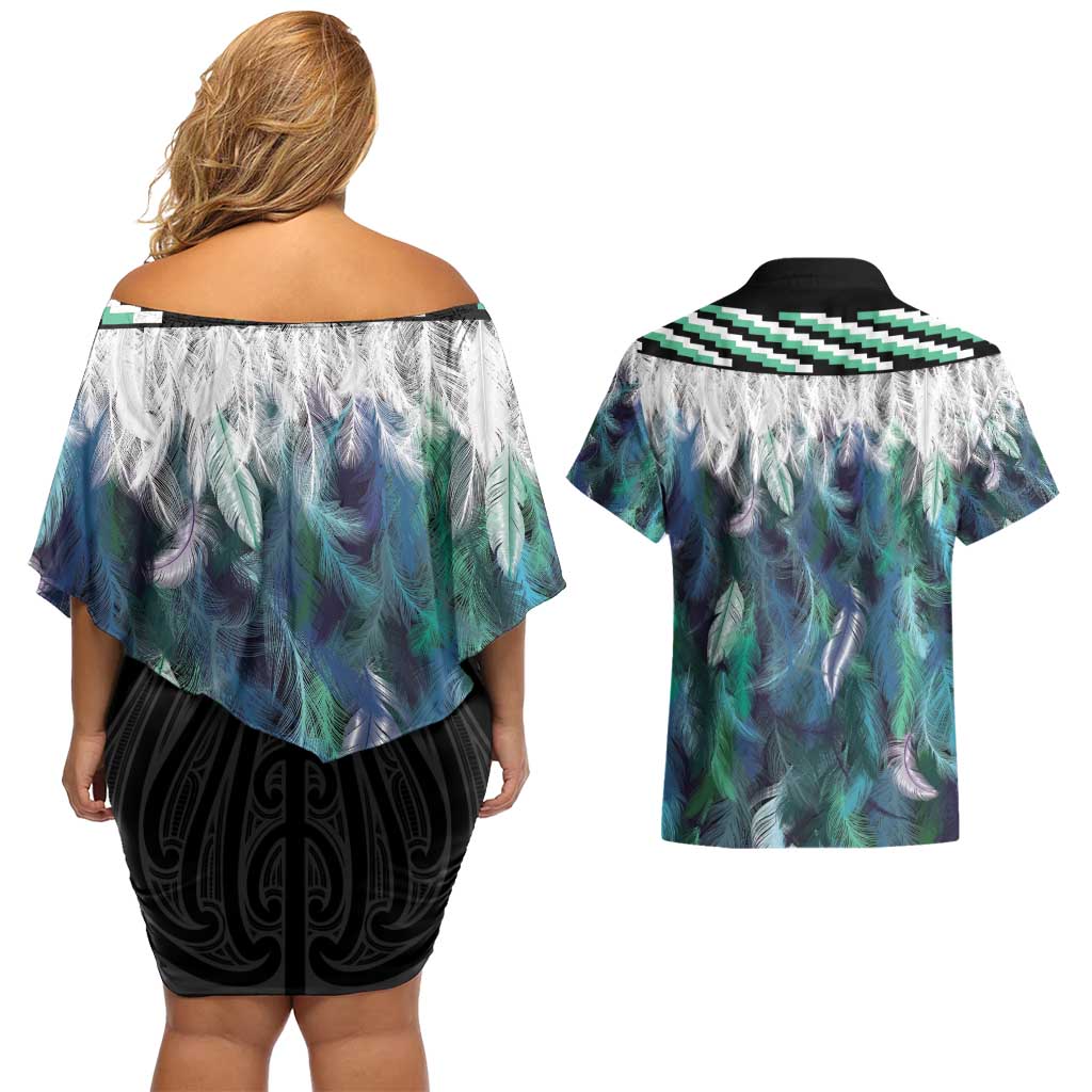 Aotearoa Korowai Motif Couples Matching Off Shoulder Short Dress and Hawaiian Shirt Maori Wheku Poutama