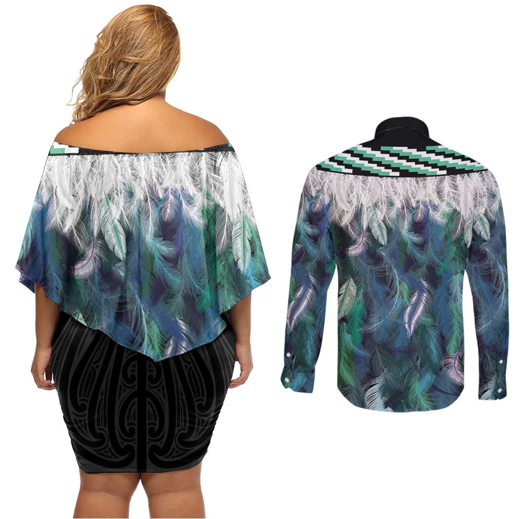 Aotearoa Korowai Motif Couples Matching Off Shoulder Short Dress and Long Sleeve Button Shirt Maori Wheku Poutama