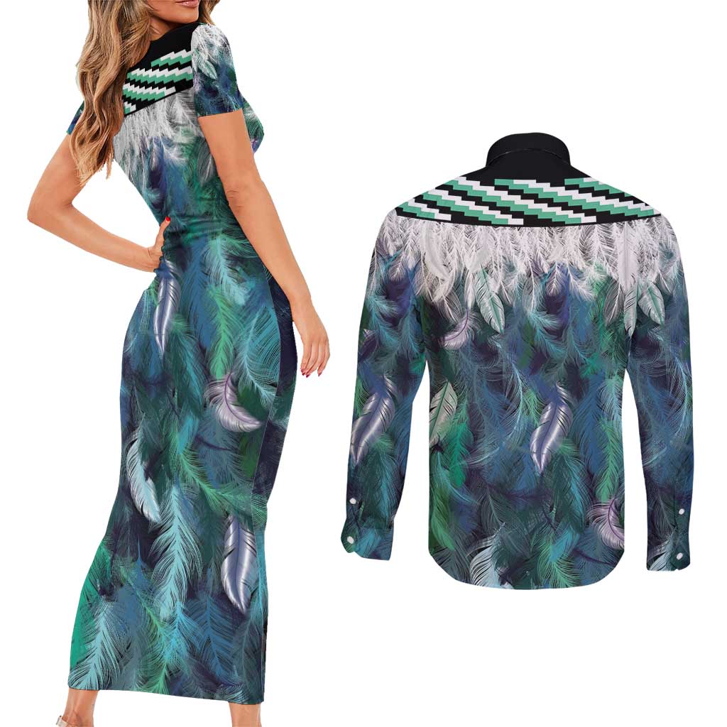 Aotearoa Korowai Motif Couples Matching Short Sleeve Bodycon Dress and Long Sleeve Button Shirt Maori Wheku Poutama