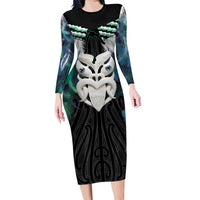Aotearoa Korowai Motif Family Matching Long Sleeve Bodycon Dress and Hawaiian Shirt Maori Wheku Poutama