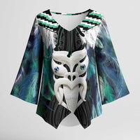Aotearoa Korowai Motif Kimono Sleeve Blouse Maori Wheku Poutama LT14 Female Turquoise - Polynesian Pride