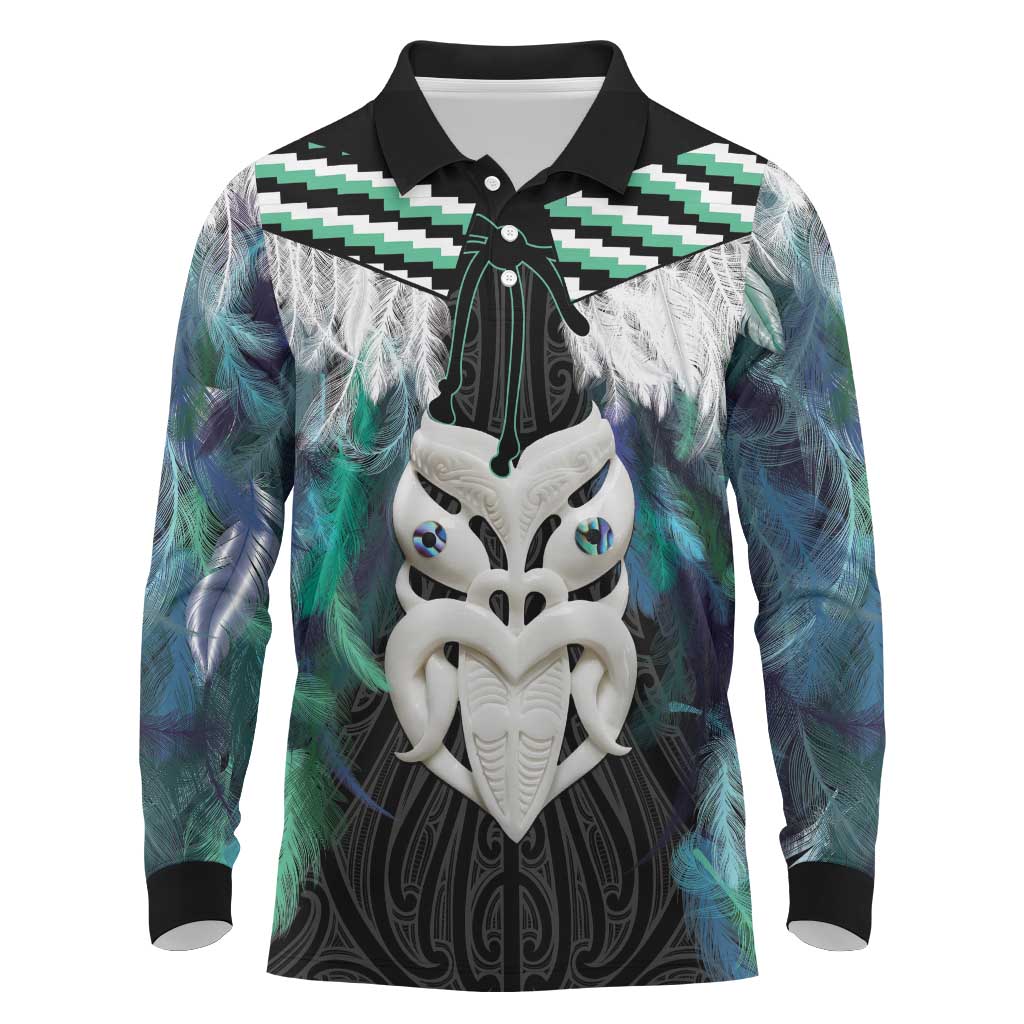 Aotearoa Korowai Motif Long Sleeve Polo Shirt Maori Wheku Poutama