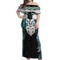 Aotearoa Korowai Motif Off Shoulder Maxi Dress Maori Wheku Poutama