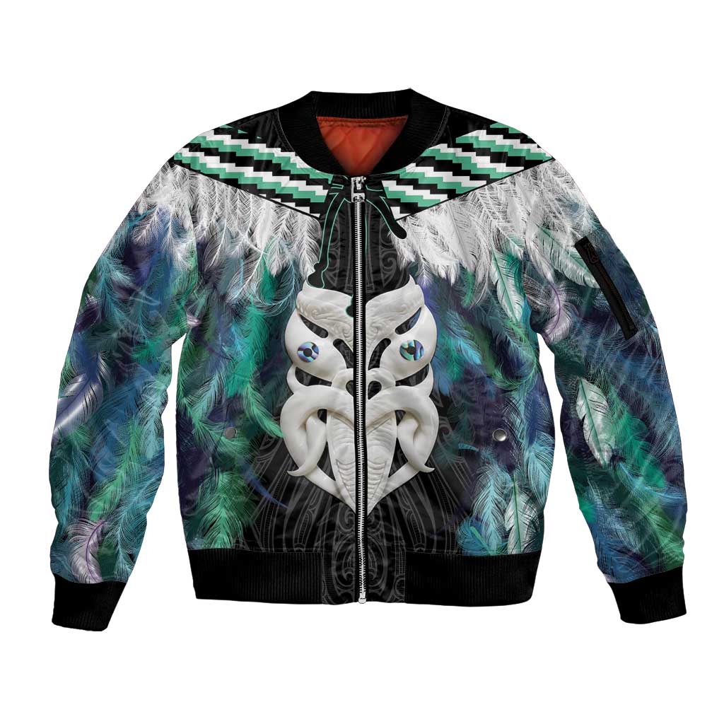 Aotearoa Korowai Motif Sleeve Zip Bomber Jacket Maori Wheku Poutama