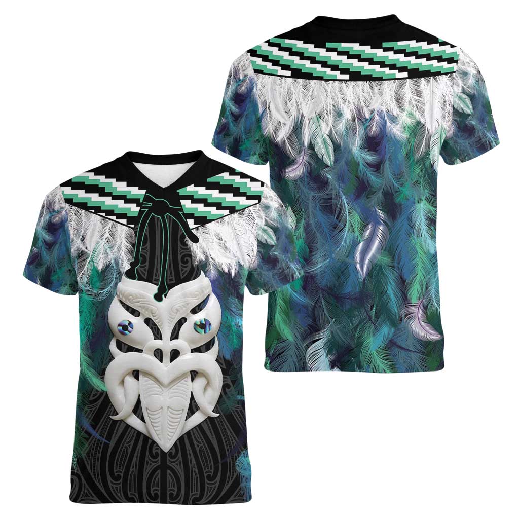 Aotearoa Korowai Motif Women V-Neck T-Shirt Maori Wheku Poutama